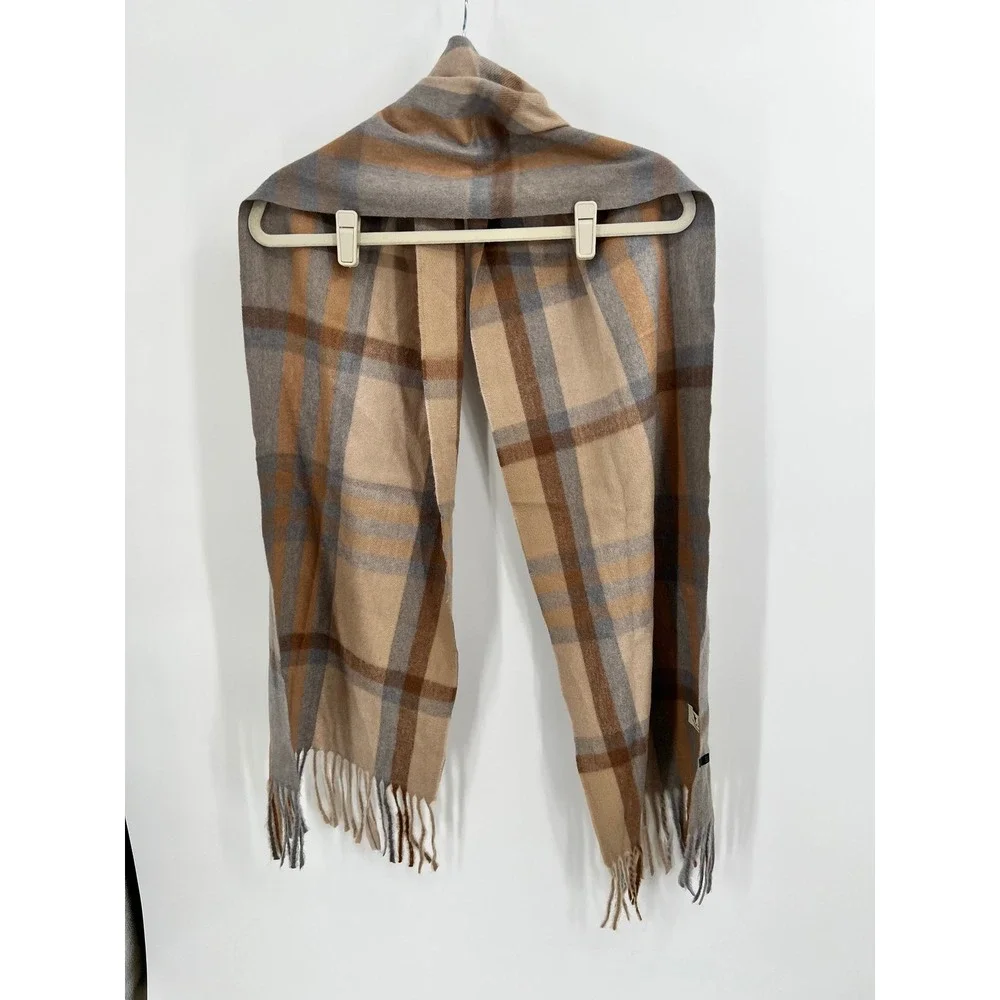 House of Tweed Scotland Plaid Scarf Tan Brown Grey Fringed Viscose Blend